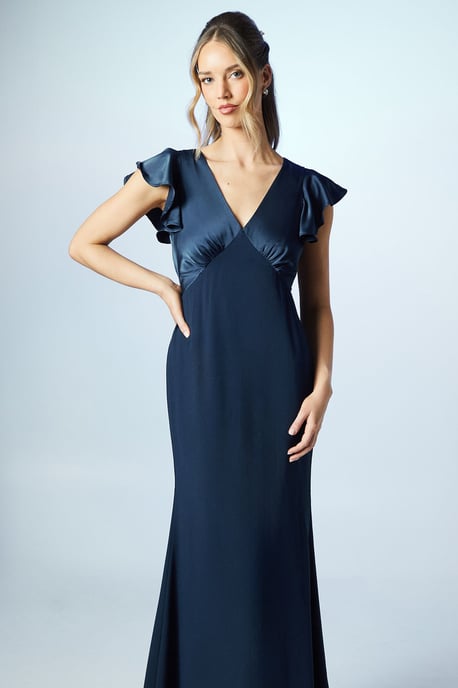 V Neck Angel Sleeve Satin Bridesmaids Dress - Image 2