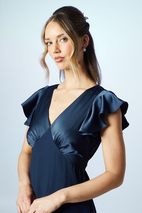 V Neck Angel Sleeve Satin Bridesmaids Dress - Image 4