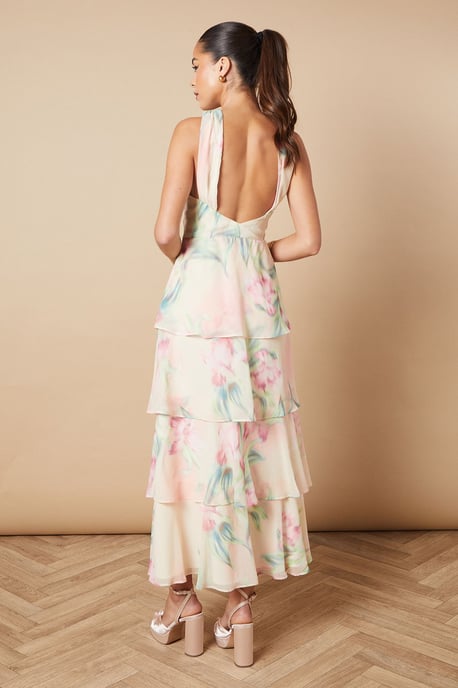 Floral Printed Halter Neck Chiffon Tiered Maxi Dress - Image 3
