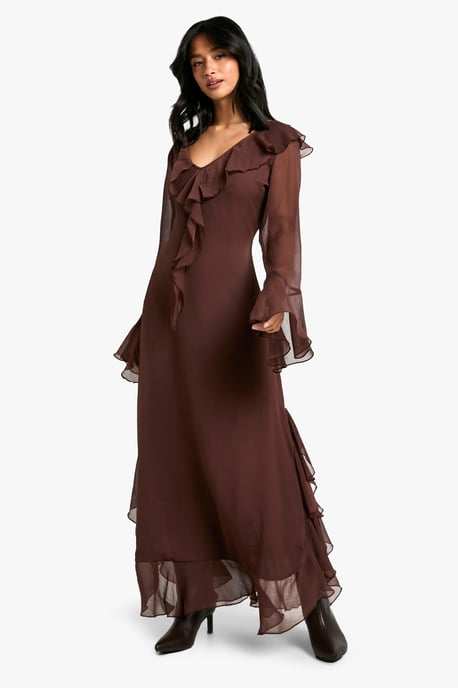 Petite Ruffle Flare Sleeve Belted Chiffon Maxi Dress - Image 1