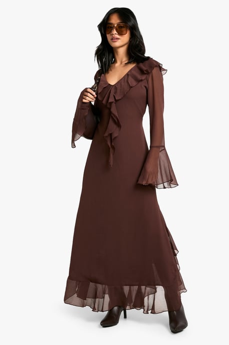 Petite Ruffle Flare Sleeve Belted Chiffon Maxi Dress - Image 3