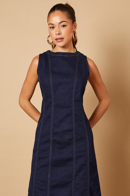 Sleeveless Denim Maxi Dress With Seam Detail - Image 2