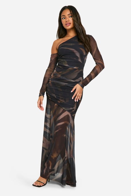 Printed Mesh Asymmetric Long Sleeve Maxi Dress - Image 1