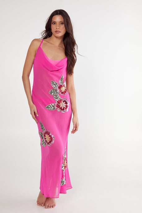 Floral Embellished Cowl Maxi Beach Dress - Image 1