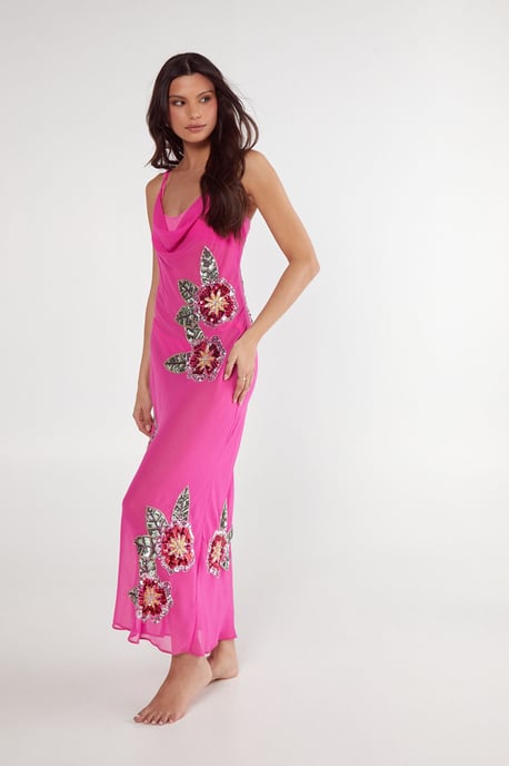 Floral Embellished Cowl Maxi Beach Dress - Image 3