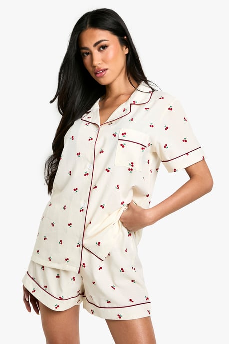 Cherry Print Piping Detail Short Sleeve Shirt & Shorts Pyjama Set - Image 1