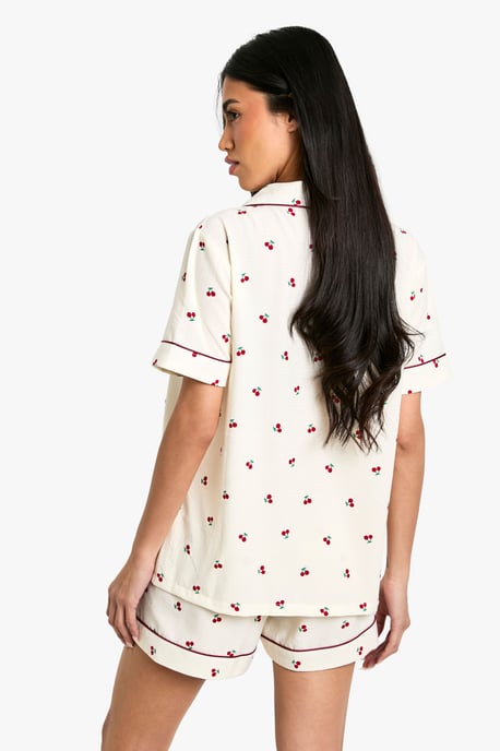 Cherry Print Piping Detail Short Sleeve Shirt & Shorts Pyjama Set - Image 2