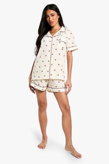 Cherry Print Piping Detail Short Sleeve Shirt & Shorts Pyjama Set - Image 3