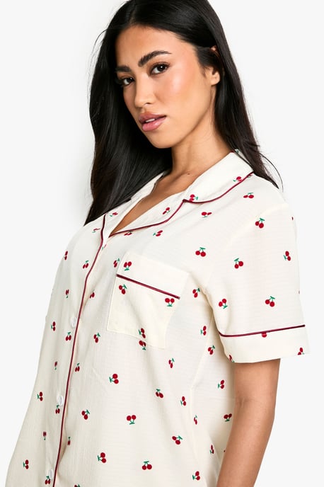 Cherry Print Piping Detail Short Sleeve Shirt & Shorts Pyjama Set - Image 4