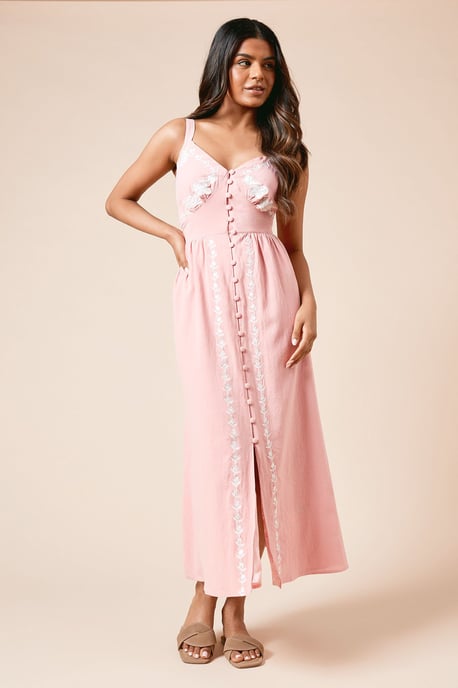 Petite Floral Button Up Embroidered Midi Dress - Image 2