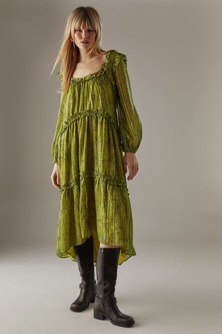 Snake Shadow Stripe Ruffle Square Neck Smock Midi Dress - Image 1