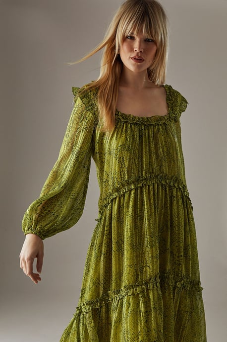 Snake Shadow Stripe Ruffle Square Neck Smock Midi Dress - Image 2