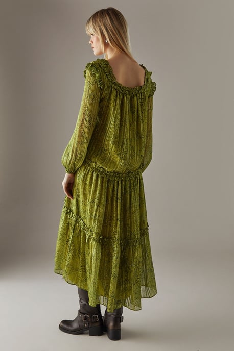 Snake Shadow Stripe Ruffle Square Neck Smock Midi Dress - Image 3