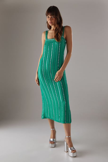 Hand Embellished Sequin Square Neck Strappy Midi Dress - Image 1