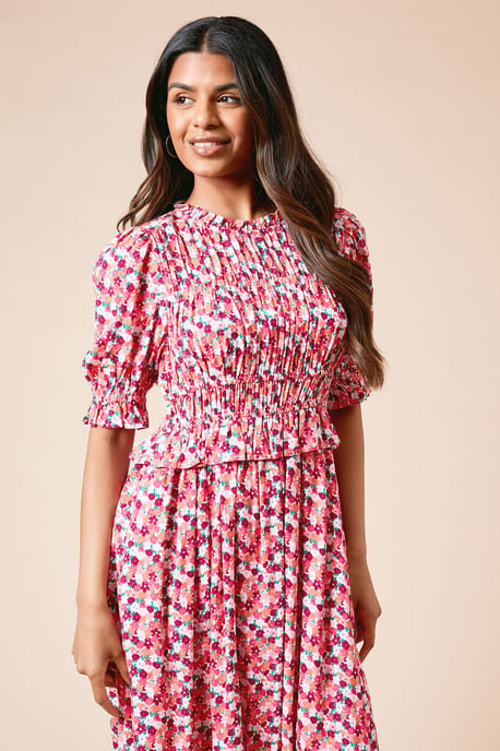 Petite Floral Shirred Bodice Puff Sleeve Midi Dress - Image 2