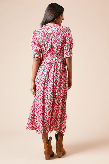 Petite Floral Shirred Bodice Puff Sleeve Midi Dress - Image 3