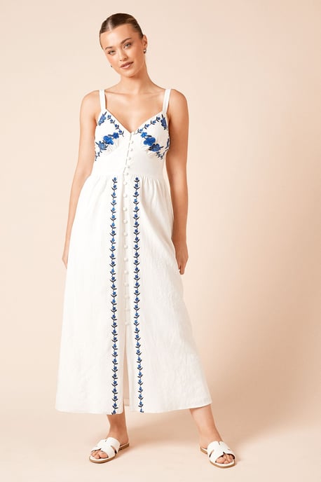 Blue Floral Button Up Embroidered Midi Dress - Image 1