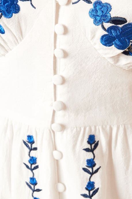 Blue Floral Button Up Embroidered Midi Dress - Image 5