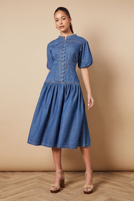 Drop Waist Button Up Denim Midi Dress - Image 1