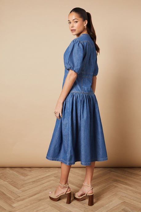 Drop Waist Button Up Denim Midi Dress - Image 3