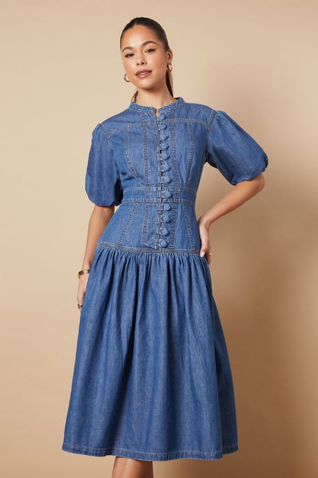 Drop Waist Button Up Denim Midi Dress - Image 4