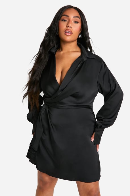 Plus Collared Plunge Neck Mini Shirt Dress - Image 1