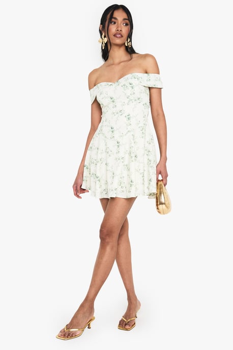 Floral Print Bardot Skater Mini Dress - Image 1