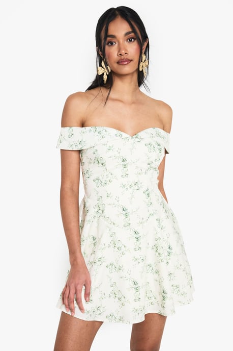 Floral Print Bardot Skater Mini Dress - Image 3