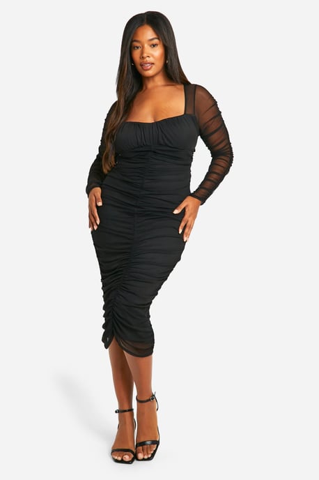 Plus Mesh Ruched Midi Dress - Image 1