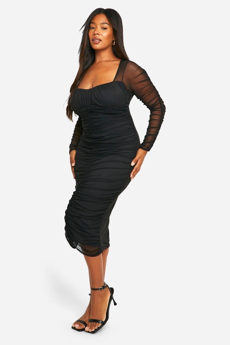 Plus Mesh Ruched Midi Dress - Image 3