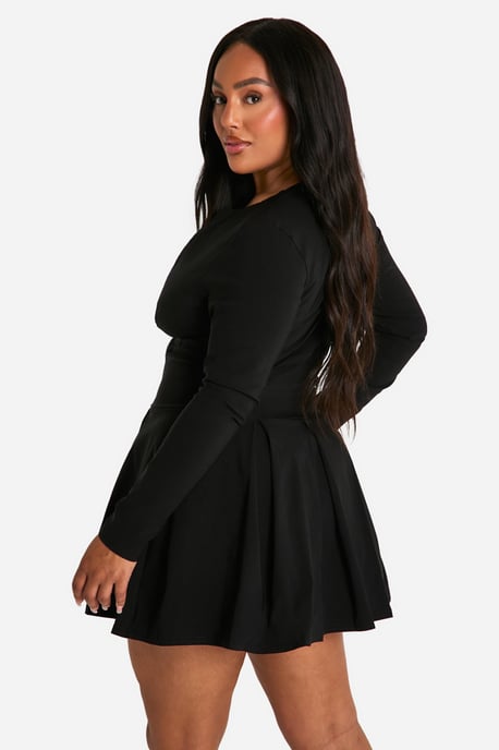 Plus Long Sleeve Corset Detail Plunge Pleated Hem Dress - Image 2