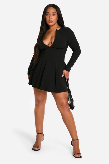 Plus Long Sleeve Corset Detail Plunge Pleated Hem Dress - Image 3