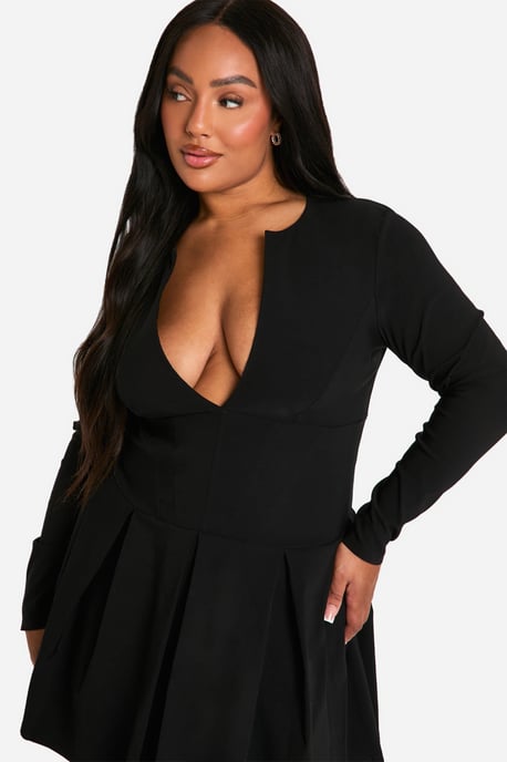 Plus Long Sleeve Corset Detail Plunge Pleated Hem Dress - Image 4