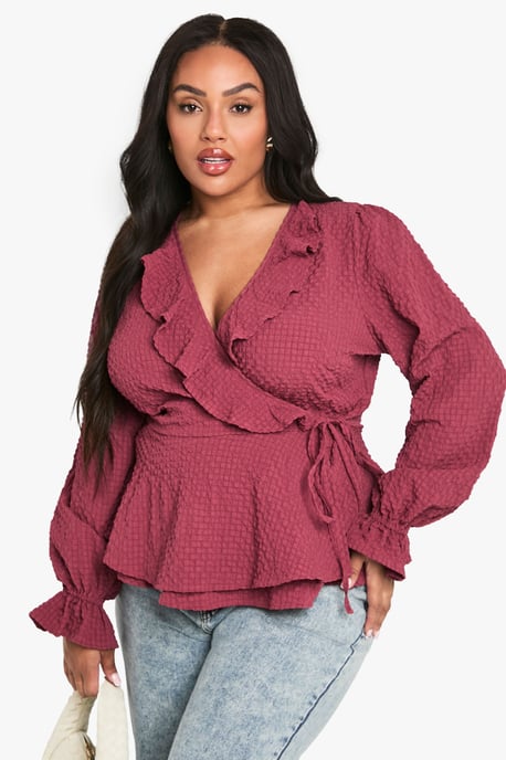 plus textured tie detail WRAP RUFFLE blouse - Image 1