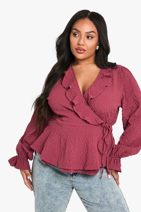 plus textured tie detail WRAP RUFFLE blouse - Image 3
