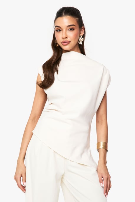 Gathered Shoulder Pad Asymmetric Blouse - Image 1