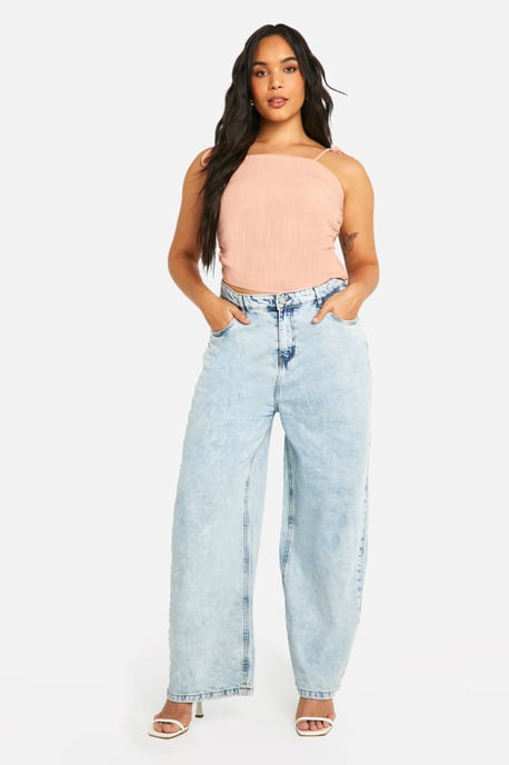 Plus Linen Look Ruched Tie Shoulder Top - Image 3