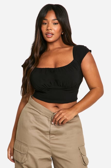 Plus Woven Stretch Ruched Cap Sleeve Corset Top - Image 1