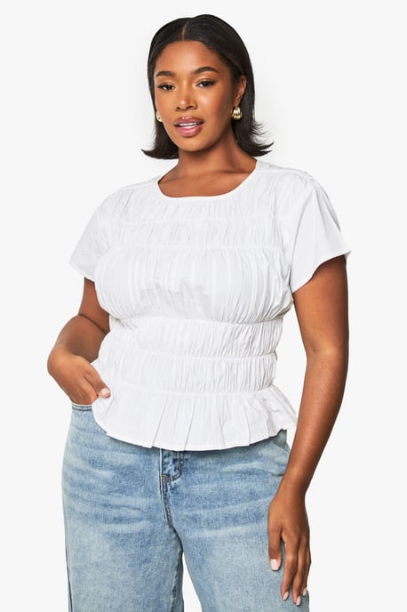 Plus Cotton Shirred Off The Shoulder Top - Image 3