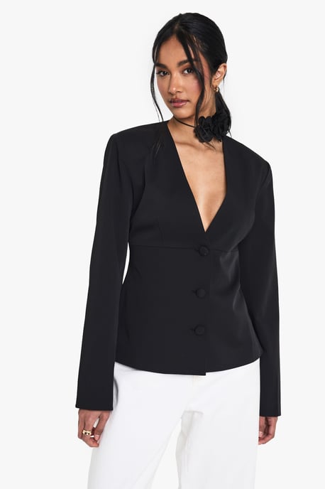 Collarless Plunge Tailored Blazer - Image 1