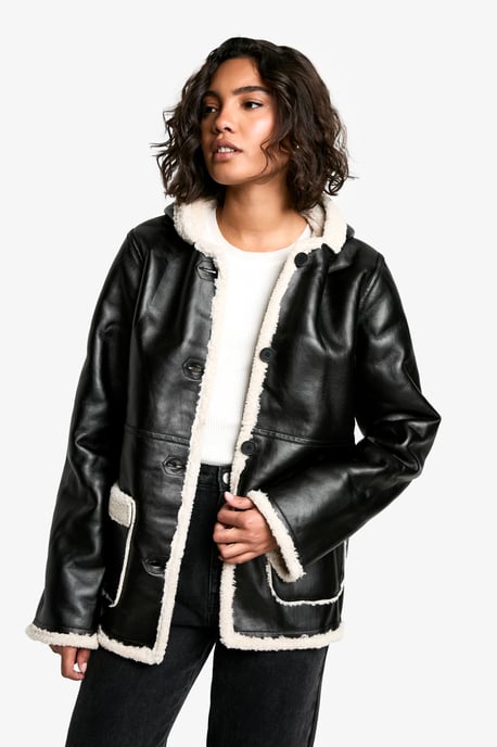 Tall Borg Lined Faux Leather Hooded Coat - Image 1