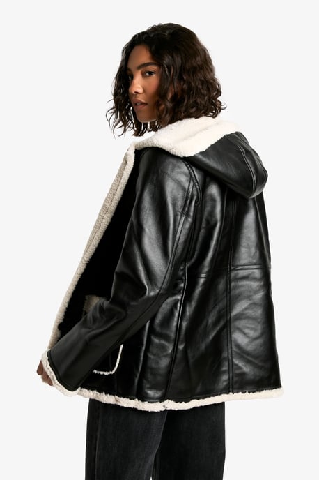 Tall Borg Lined Faux Leather Hooded Coat - Image 2
