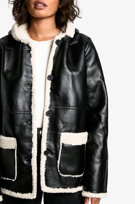 Tall Borg Lined Faux Leather Hooded Coat - Image 4