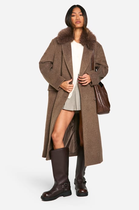 Faux Fur Trim Oversized Double Breasted Wool Look Coat - Image 1