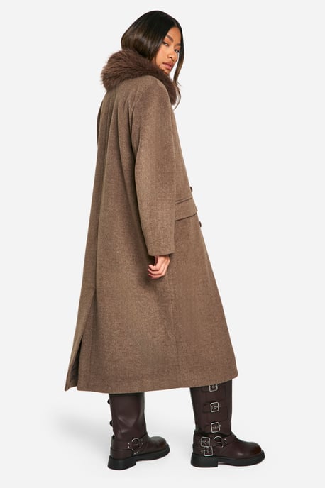Faux Fur Trim Oversized Double Breasted Wool Look Coat - Image 2