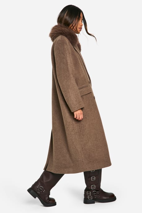 Faux Fur Trim Oversized Double Breasted Wool Look Coat - Image 3