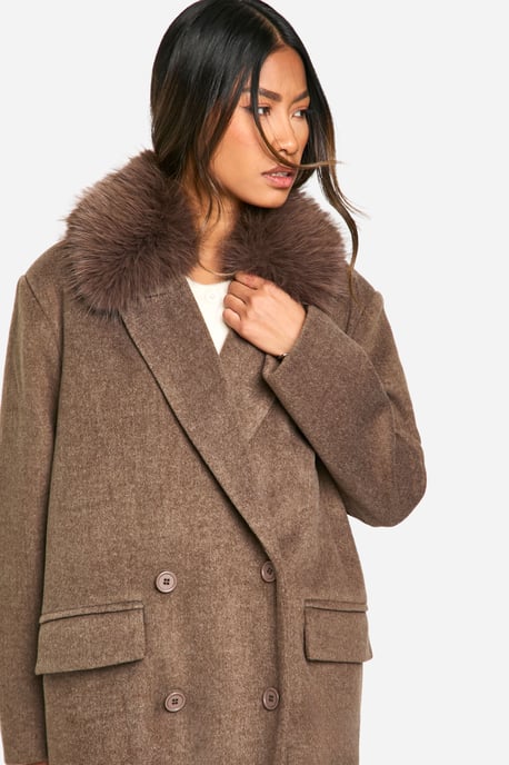 Faux Fur Trim Oversized Double Breasted Wool Look Coat - Image 4