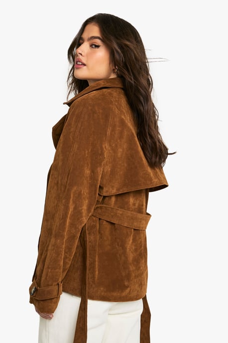 Suede Look Short Belted Trench Coat - Image 2