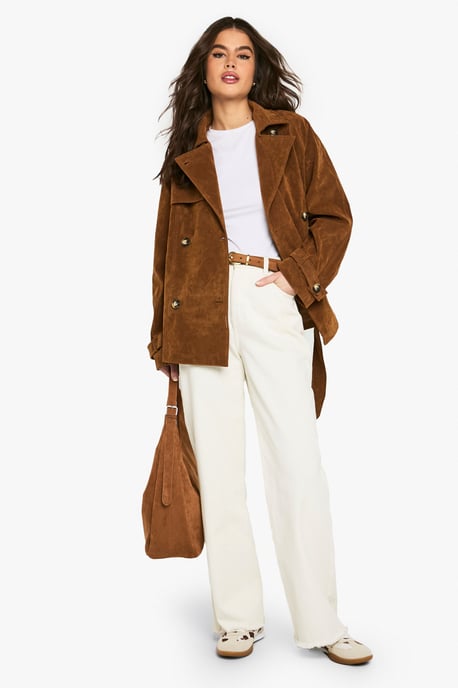 Suede Look Short Belted Trench Coat - Image 3