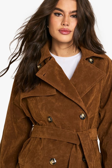 Suede Look Short Belted Trench Coat - Image 4